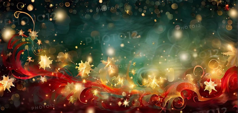 Abstract wallpaper illustration of Christmas symbols for gift cards, swirling shapes and lines, in red green and golden colors, AI generated