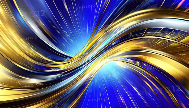 Abstract Illustration of energetic and dynamic swirl of gold, silver, and deep blue hues, representing the passing of time and the burst of excitement associated with New Year's Eve, AI generated