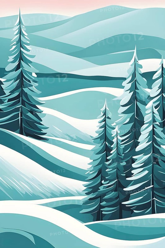 Abstract winter wonderland with minimalist stylized pine trees and snowdrifts using soft pastel colors and gentle curves, AI generated