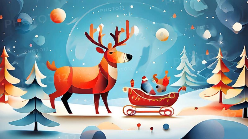 Whimsical abstract scene with stylized reindeer and sleighs to capture the magic of Christmas, AI generated