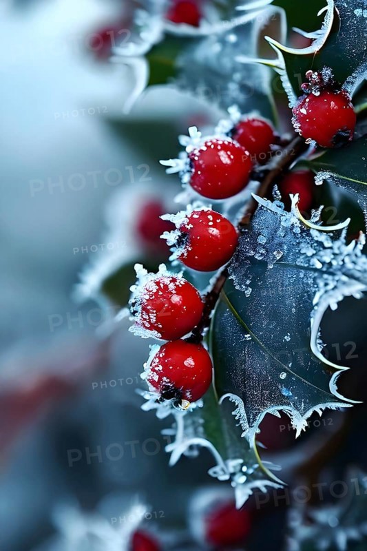 Frosty holly branch with vibrant red berries covered in delicate ice crystals, symbol for upcoming winter, AI generated