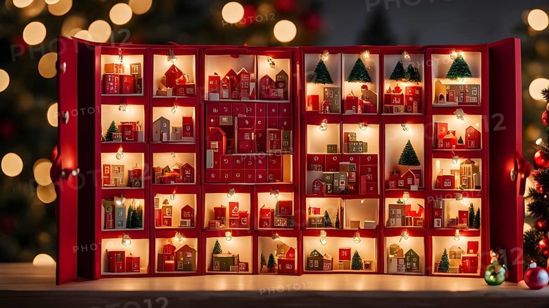 Traditional advent calendar door opening, showing a tiny festive scene inside with miniature decorations, AI generated
