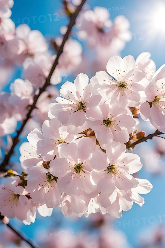 Blooming cherry blossoms with soft pink petals against a clear blue sky, with delicate sunlight filtering through, AI generated