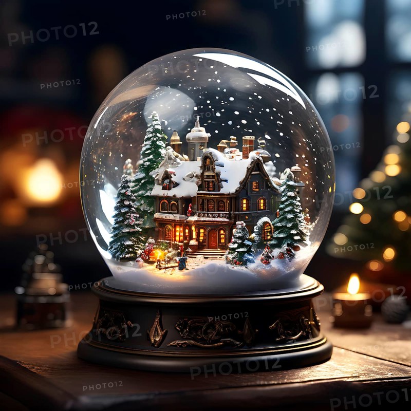 Snow globe with a tiny festive village inside, capturing the swirling snow and the light reflections on the glass dome, AI generated