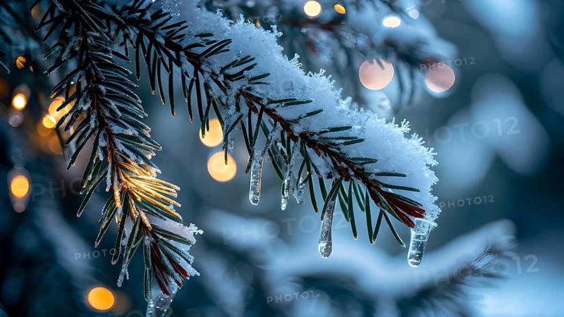 Detailed shot of frosted pine branches with twinkling fairy lights and icicles hanging, creating a sparkling wintery effect, AI generated