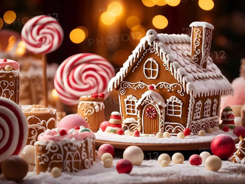 Gingerbread house decorations, focusing on the intricate icing details, colorful candy, and soft, warm light creating a cozy festive ambiance, AI generated