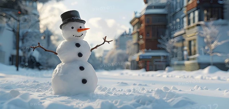 Snowman in an idylic winter urban scenery, snow-covered streets and buildings in background, ambient light, AI generated