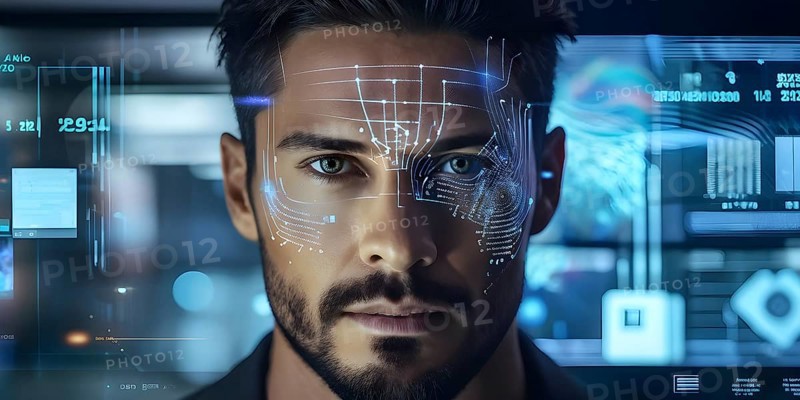 3d digital facial recognition displaying a male face with overlaid ai biometric data, AI generated