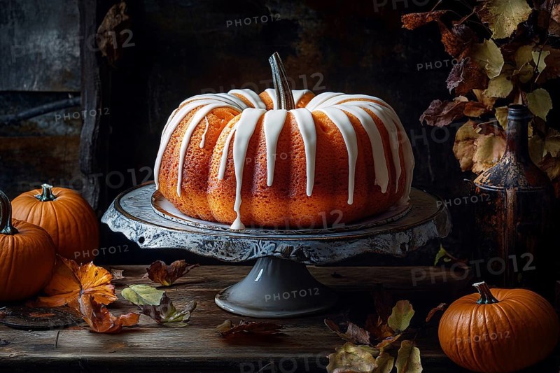 Pumpkin shaped bunt cake with autumn leaves and pumpkins. Generative AI, AI generated