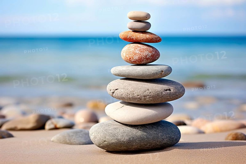 Zen stacking stones at beach. KI generiert, generiert AI generated