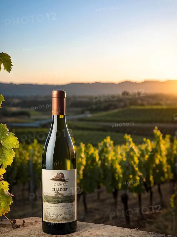Aged bottle of wine glowing under the low sun with a vineyard in the background, AI generated