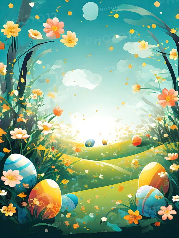 Surreal Easter scene with floating eggs, ribbons, and flowers in a dreamlike, whimsical composition of light and shadow, AI generated