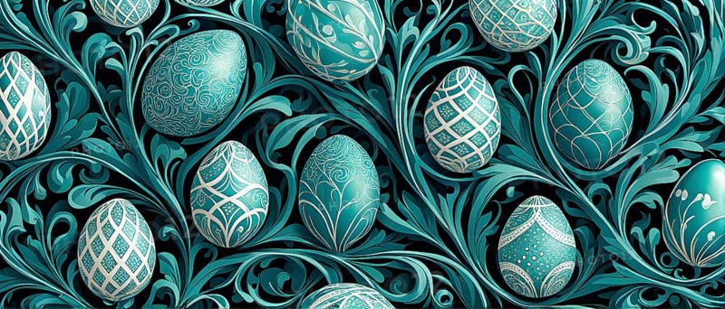 A whimsical abstract pattern with intertwined ribbons, eggs, and floral motifs, with a mix of sharp and soft lines creating depth, AI generated
