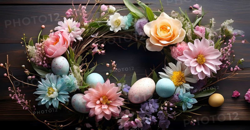 Spring wreath with pastel ribbons, speckled eggs, and blooming flowers, hanging on a wooden background, AI generated