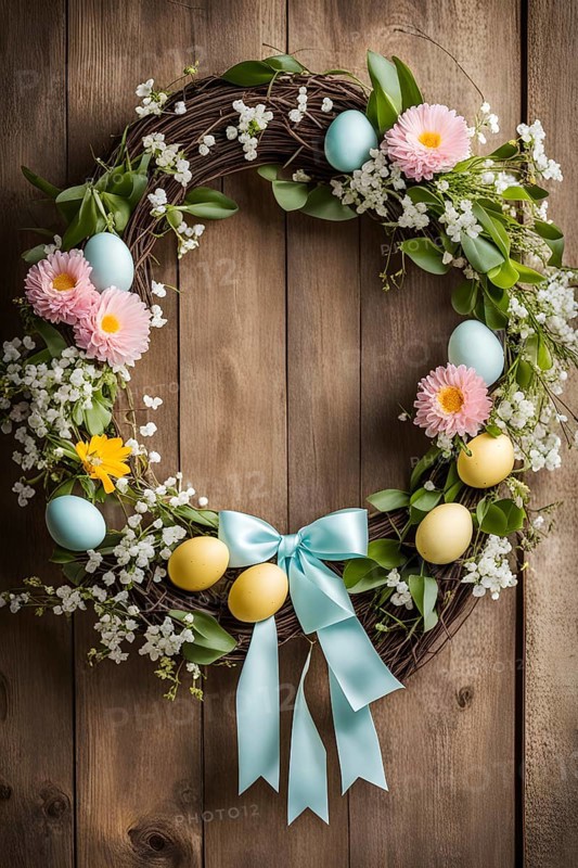 Spring wreath with pastel ribbons, speckled eggs, and blooming flowers, hanging on a wooden background, AI generated
