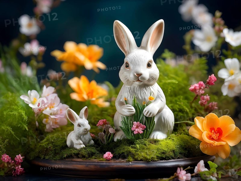 Vintage porcelain rabbit figurine surrounded by small, colorful spring flowers and soft moss, AI generated