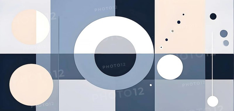 Minimalist composition of overlapping geometric shapes, such as circles, squares, and triangles, with clean lines and muted pastel colors, AI generated