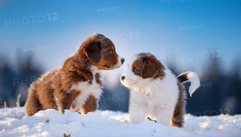 KI generated, dog, dogs, puppy, one, two, three, play, snow, winter, autumn leaves, blue sky, Kromfohrländer, Fox Terrier, (Canis lupus familiaris), German dog breed, rough coat, smooth coat, studio, AI generated