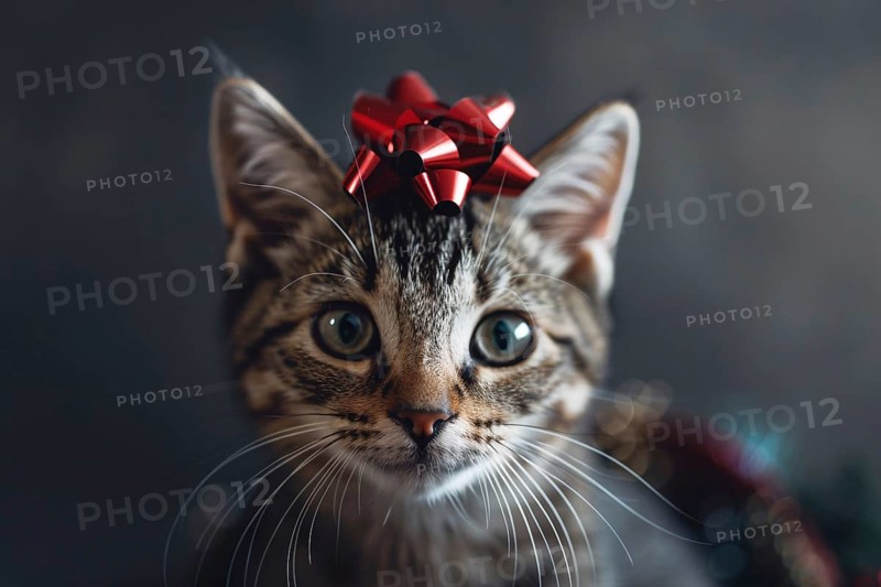 Portrait of cat with red Christmas gift wrapping ribbon on head. Generative Ai, AI generated