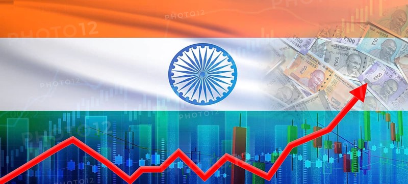 India financial growth concept, economic recovery. Growth of India economy on the financial graph