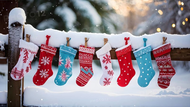 Row of Christmas stockings hanging from a snow-covered wooden fence, with delicate frost patterns forming on the colorful fabric, AI generated