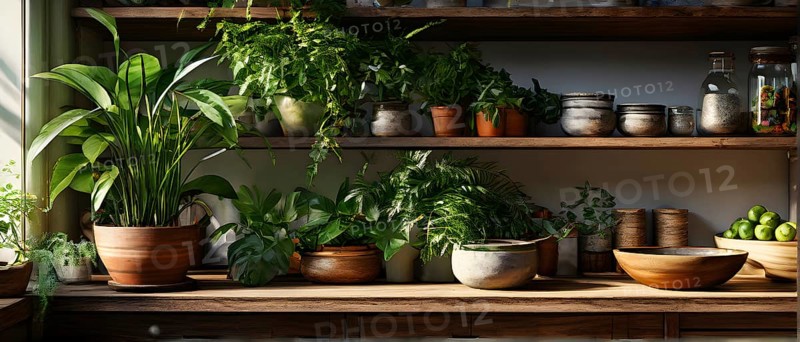 A sunlit kitchen corner, with a rustic wooden shelf holding neatly arranged ceramic bowls and a single, vibrant green houseplant, AI generated