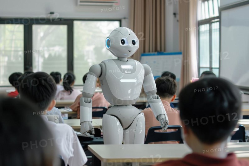 A robot teaches in a classroom, symbolising highly developed communication technology, AI generated, AI generated, AI generated