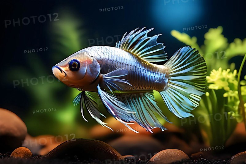 Single betta fish swimming gracefully in a minimalist nano tank encircled by delicate aquatic plant, AI generated