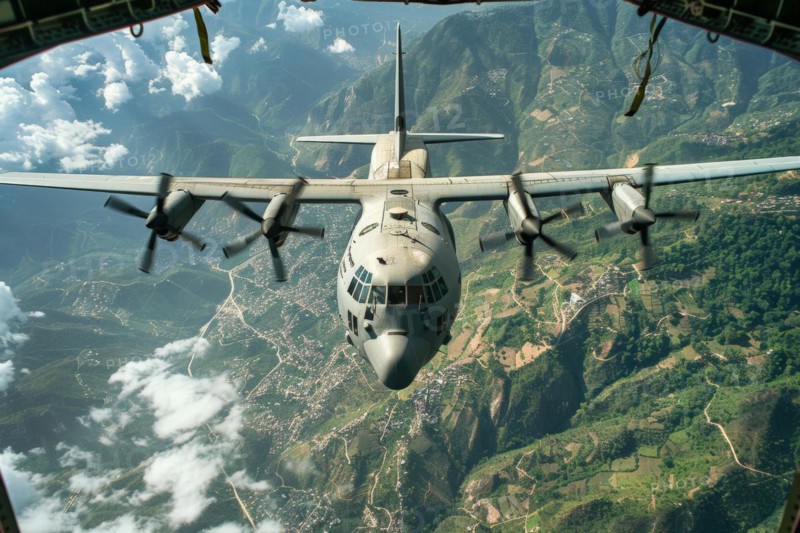 View from an open cargo hatch of a military transport aircraft onto a Hercules C-130 transport aircraft flying below, airlift, relief supplies, humanitarian aid, AI generated, AI generated, AI generated