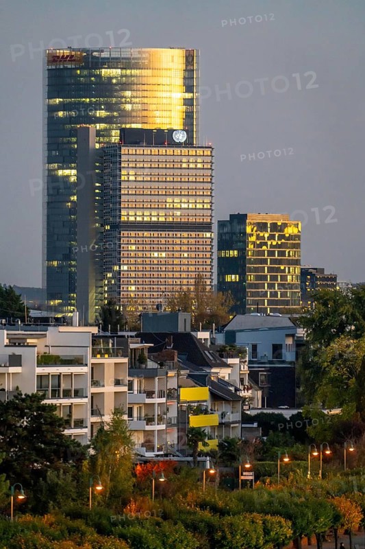 Skyline Bonn on the Rhine, in front the UNFCCC Secretariat of the Framework Convention on Climate Change, in the centre the high-rise building of the United Nations, Campus Bonn, behind it the Posttower, corporate headquarters of Deutsche Post, Rhine bank Bonn-Beuel, North Rhine-Westphalia, Germany, Europe