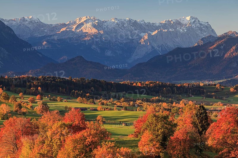 Pre-Alpine landscape with autumnal coloured trees in front of mountains, Riegsee, behind Zugspitze and Wetterstein range, Bavaria, Germany, Europe