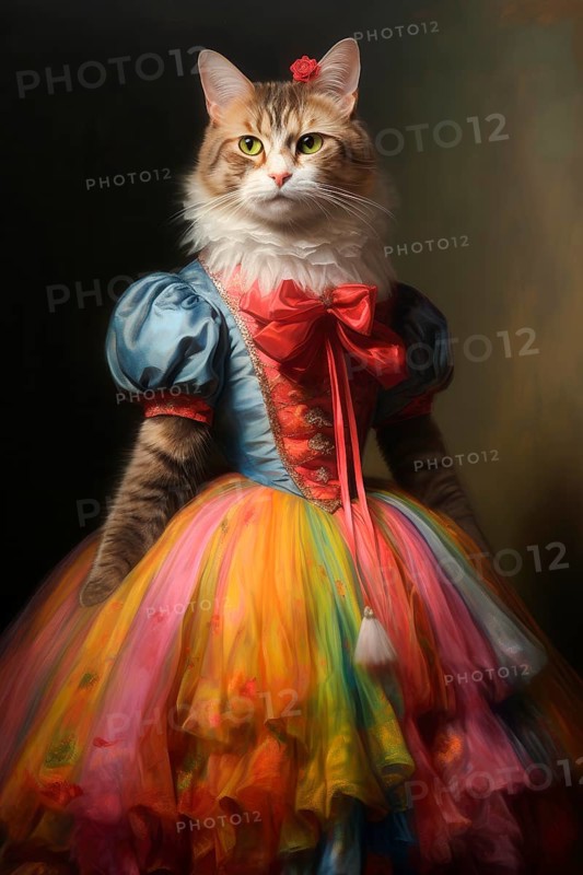 Bengal cat dressed in colorful carnival clothing, AI generated