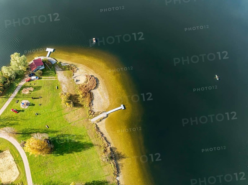 Sports facility and bathing area, lake Rottachsee, at village Petersthal, autumn, aerial view, Allgaeu, Bavaria, Germany, Europe