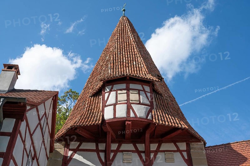 Spire of the Rödelseer Tor tor of the medieval town fortifications, Iphofen, Lower Franconia, Bavaria, Germany, Europe