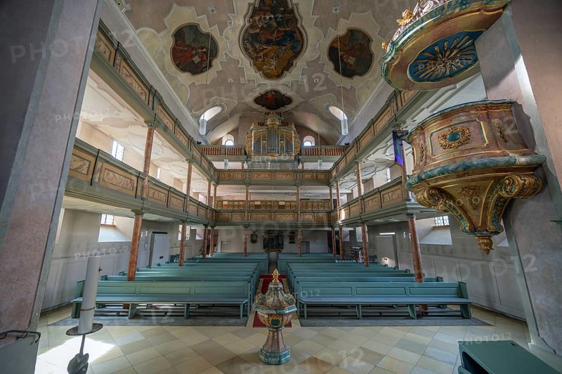 Interior with organ loft, organ built in 1783 by Elias Hößler, Protestant town church of St. Maria, baroqueised in the 18th century, Hersbruck, Middle Franconia, Bavaria, Germany, Europe