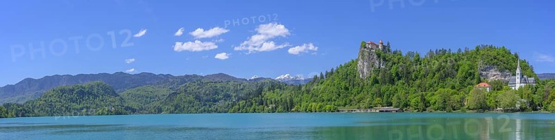 Panorama lake with castle and St Martina's Catholic Church, Bled, municipality of Bled, Slovenia, Europe