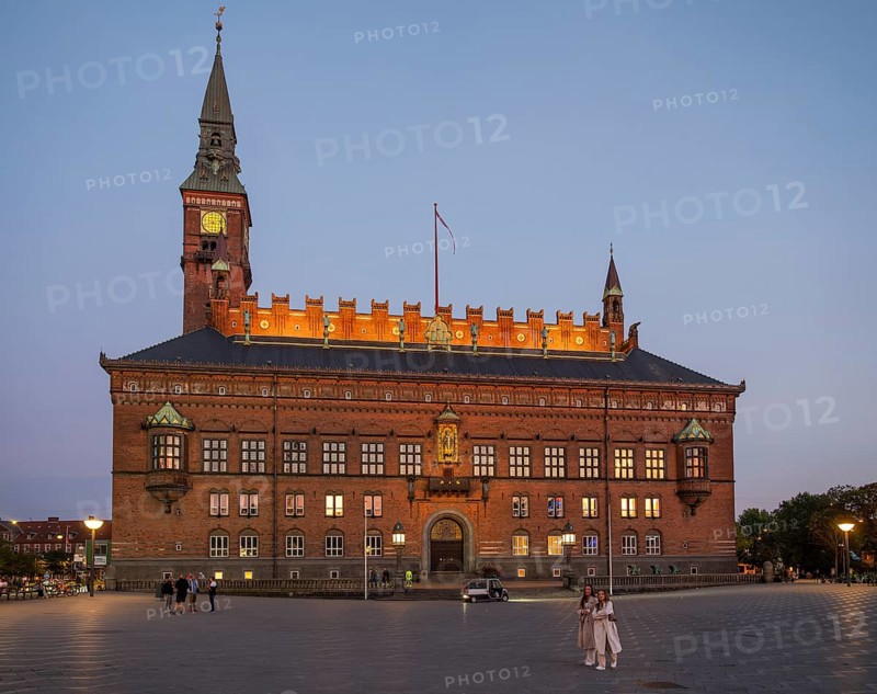 Illuminated City Hall in the National Romantic style by Martin Nyrop, City Hall Square or Rådhuspladsen in the evening, Copenhagen, Denmark, Europe