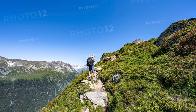 Mountaineer on hiking trail, hike to Aiguillette des Posettes, Chamonix, Haute-Savoie, France, Europe