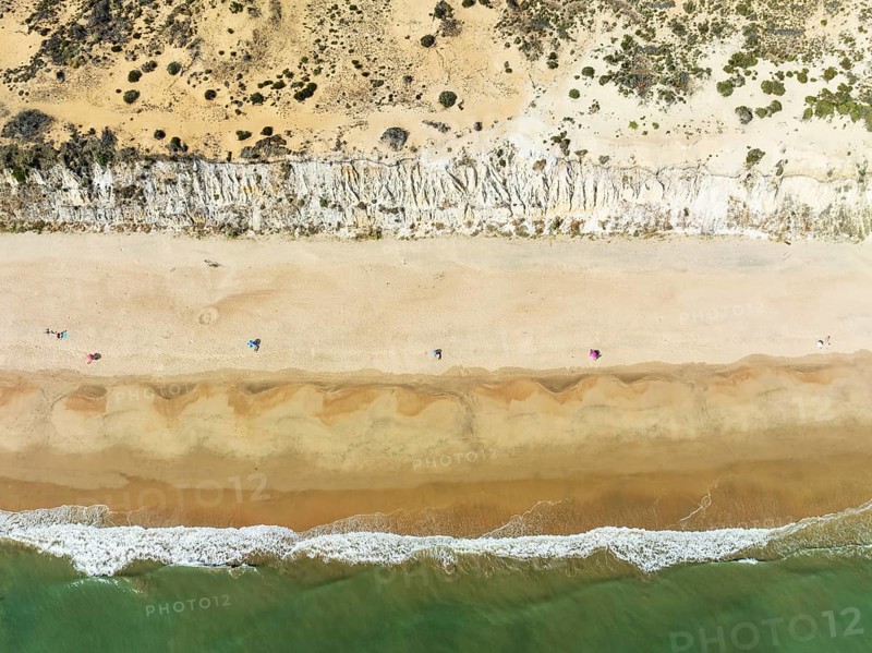 Beach life at the Asperillo cliff, the highest dune cliff in Europe. At the Atlantic Ocean near Matalascañas. Aerial view. Drone shot. Doñana Natural Park, Huelva province, Andalusia, Spain, Europe