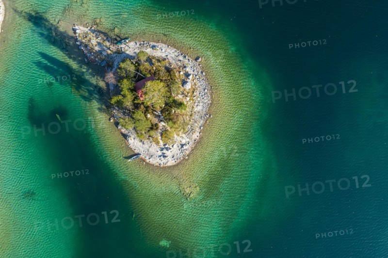 Aerial view of an island on a lake, summer, kayaks, Eibsee lake, Alpine foothills, Bavaria, Germany, Europe