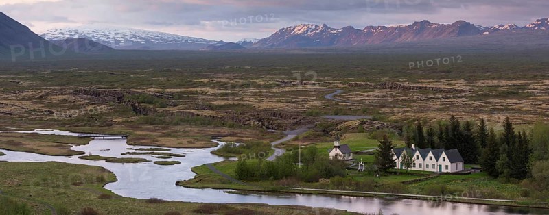 Church and historic houses, World Heritage Site Þingvellir or Thingvellir or Pingvellir, Rift Valley, National Park, Iceland, Europe