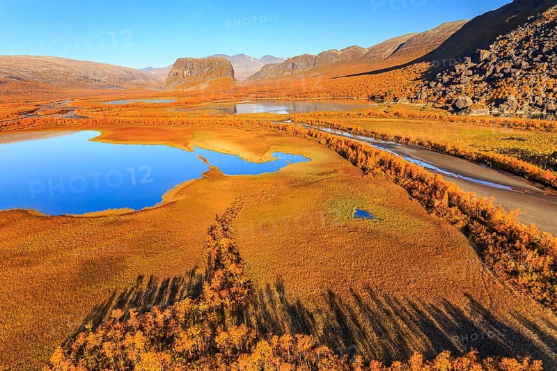 Lake, river, river delta, autumn colours, autumn, mountains, sunny, aerial view, Rapadalen, view of Nammatj and Sarek National Park, Laponia, Lapland, Sweden, Europe
