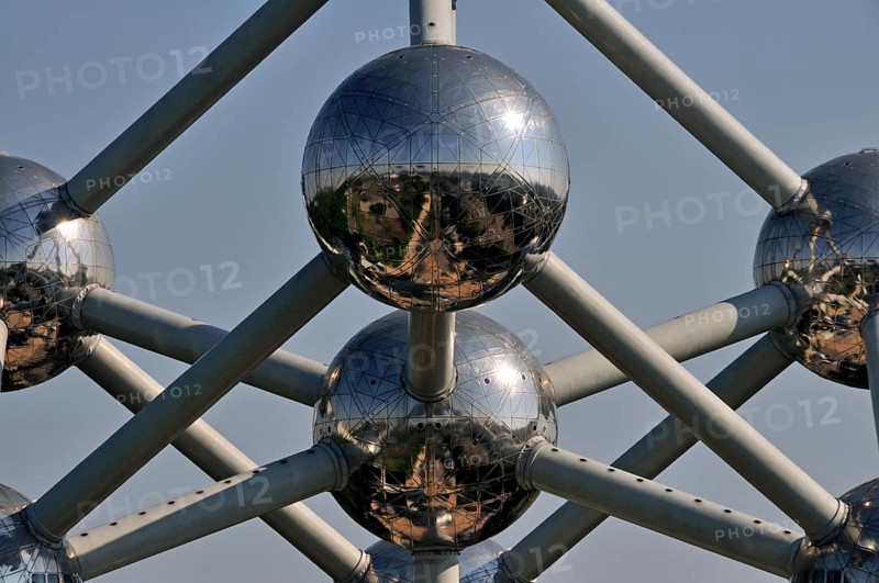 Atomium, built in 1958 for the World Exhibition, uses nine atoms to represent the body-centred cubic elementary cell of an iron crystal structure magnified 165 billion times, Brussels, Belgium, Europe