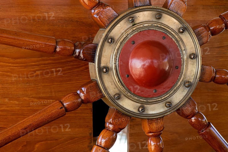 Steering wheel, detail, steel four-masted barque Pommern, windjammer with jubilee rig, Maritime Museum, Mariehamm, Åland or Aland Islands, Finland, Europe