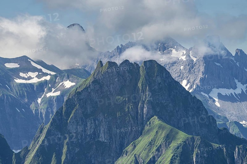 Mountain panorama from the Nebelhorn, 2224m, to the Höfats 2259m, behind it the Großer Krottenkopf, 2656m Allgäu Alps, Allgäu, Bavaria, Germany, Europe