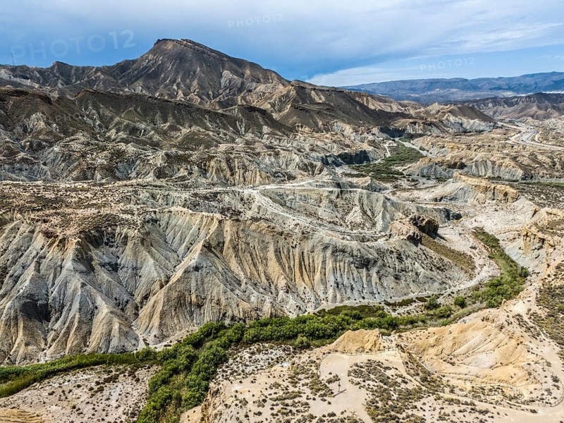 Barren mountain slopes and valleys with rugged, dry landscape, aerial view, Tabernas Desert, Desierto de Tabernas, Tabernas, Almeria, Andalusia, Spain, Europe