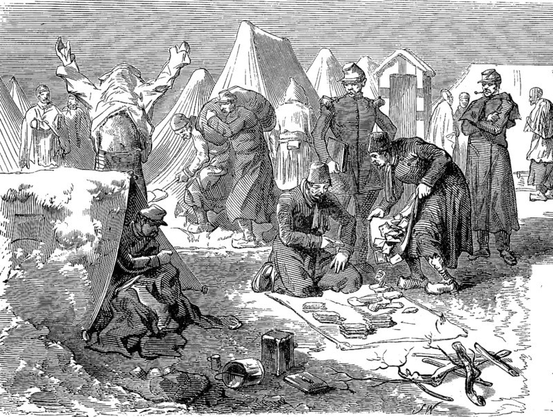 Winter camp in the Crimea, distribution of rusks, 1855, Crimean War, Historical, digital reproduction of an original from the 19th century