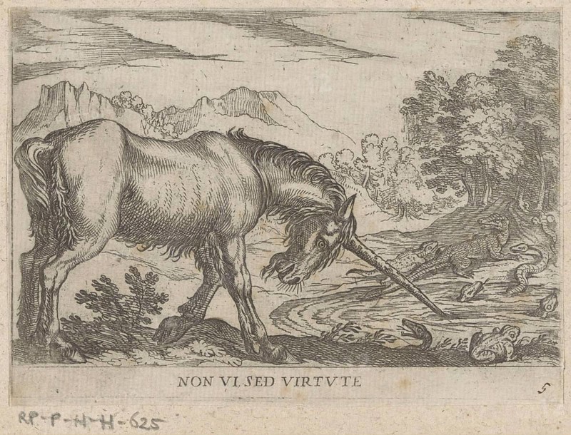 A unicorn chasing lizards from a pond, c. 1600, by Antonio Tempesta, Historical, digitally restored reproduction from a 19th century original, Record date not stated