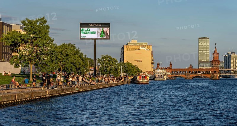 View from the Spree to the East Side Galery and the office complexes on Mühlenstraße, Berlin, Germany, Europe