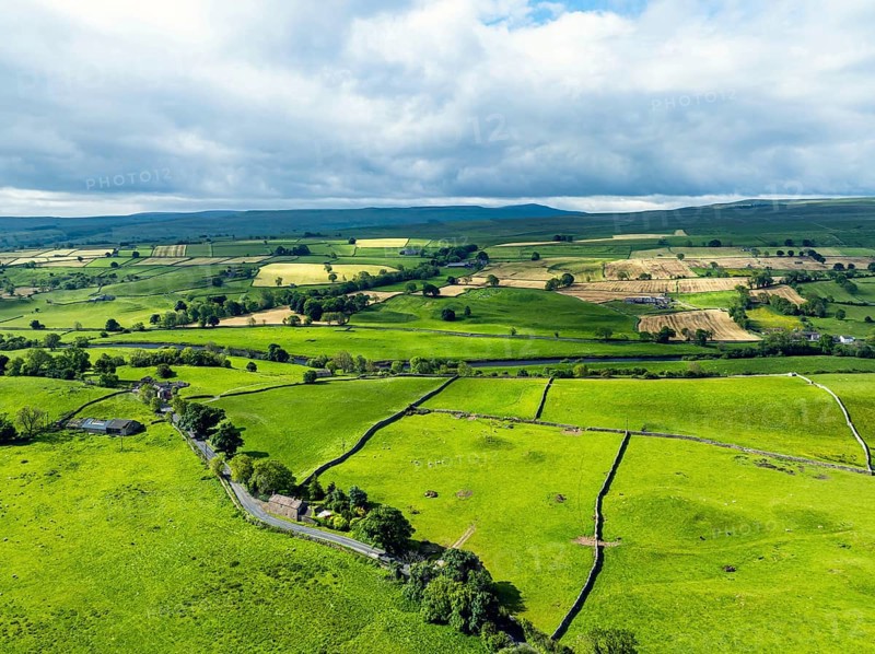 Farms and Fields over Yorkshire Dales National Park from a dron, North Yorkshire, England, United Kingdom, Europe